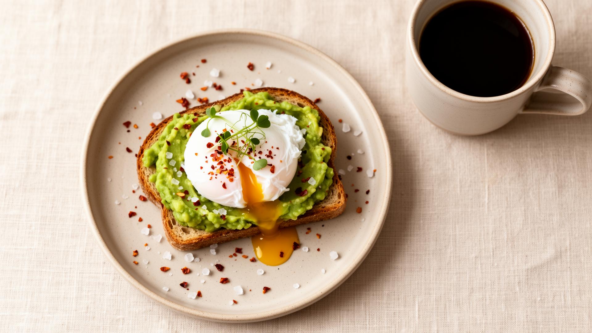 Avocado toast with poached egg and black coffee